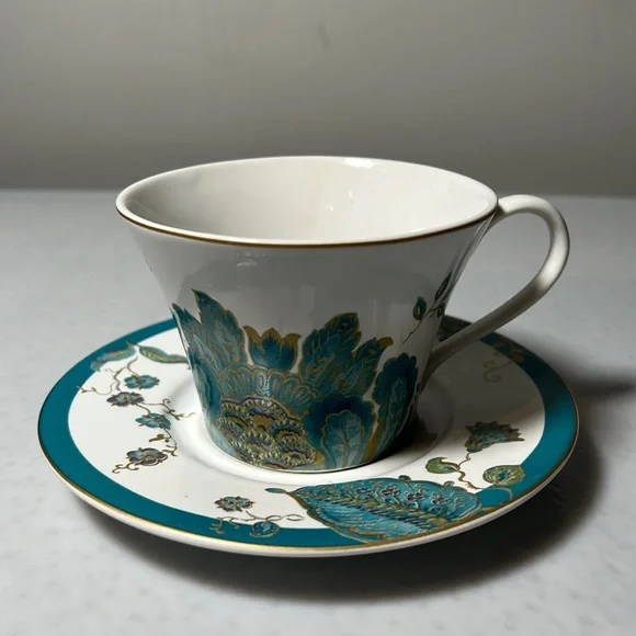 Vintage Retired Flat Cup & Saucer Set Eliza Teal by 222 FIFTH Gold Trim - Picture 1 of 7